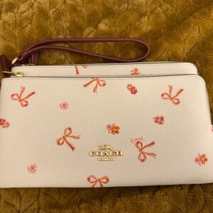 Coach Floral Bow Print Wristlet in Ivory with Pink Accents